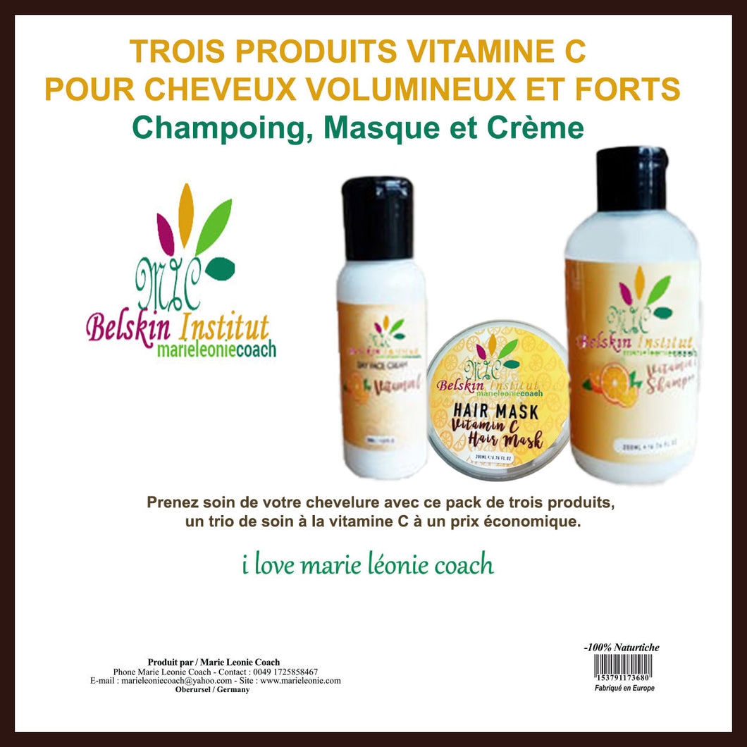 Trois Produits Vitamine C Pour Cheveux Volumineux Et Forts Champoing, Masque Et Crème